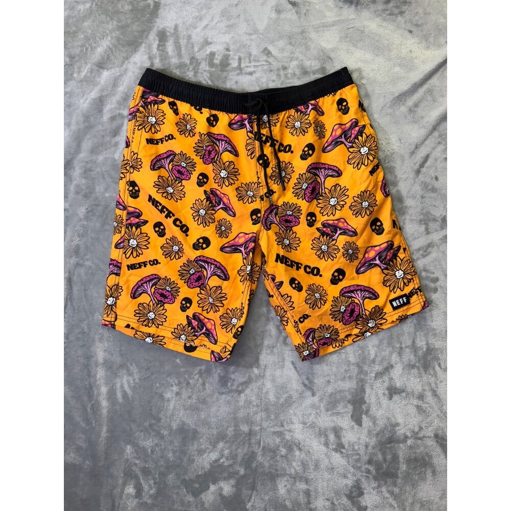 Neff Co. Mens XL Drawstring Swim Shorts With Psychedelic Mushroom & Daisy Print